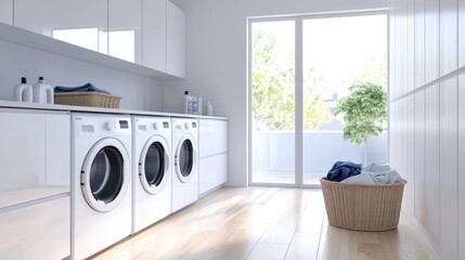 Aufkleber - This contemporary laundry room is equipped with built-in washing and drying machines, white cabinets, and a basket of laundry nearby. Generative AI