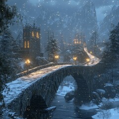 Wall Mural - A snowy bridge leads to a medieval village nestled in a mountain valley.