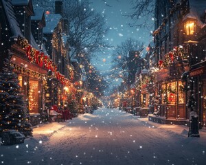 A snowy Christmas street with twinkling lights and festive decorations.