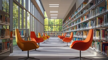 Wall Mural - A library with voice-activated book retrieval systems and chairs that adjust ergonomically based on the usera??s reading posture