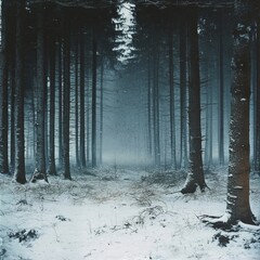 Wall Mural - A snowy forest path disappearing into the fog.