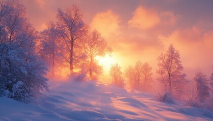 Wall Mural - A snowy forest scene at sunset, with the sun breaking through the clouds and casting a warm glow on the trees and snow.