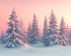 Wall Mural - A snowy forest with pink sunset sky.