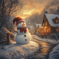 Wall Mural - A snowy landscape featuring a cheerful snowman and cozy houses during winter.