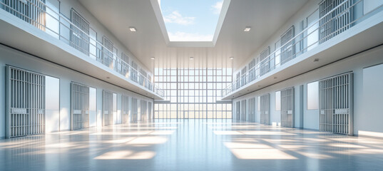 Long bright corridor of a modern prison with cells