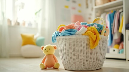 Aufkleber - The laundry basket is overflowing with vibrant children's clothes and plush toys, brightening up a warm, light-filled room. Generative AI