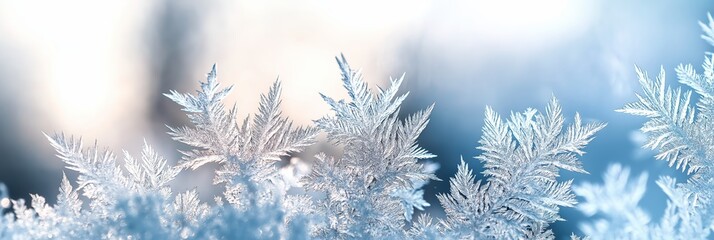 Sticker - Close-up of intricate frost patterns on a windowpane with sunlight shining through, showcasing cool blue and white tones