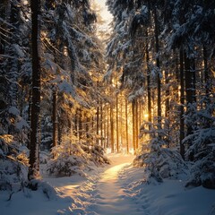 Canvas Print - A snowy path through a winter forest with golden sunlight shining through the trees.