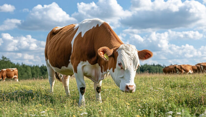 Brown and white cow grazing in field with other cows in background