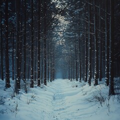 Sticker - A snowy path winds through a dark, dense forest, the light fading at the end of the path.