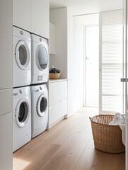 Poster - This modern laundry room showcases sleek built-in washing and drying machines with white cabinets and a basket of laundry close by. Generative AI