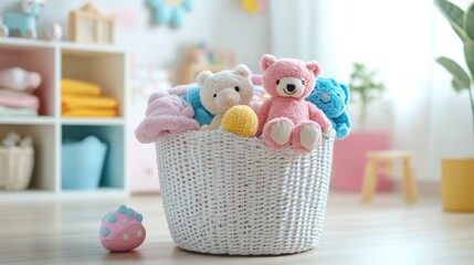 Aufkleber - The laundry basket is filled with colorful children's clothing and plush toys, creating a lively atmosphere in a sunlit room. Generative AI