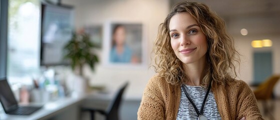 Confident woman smiling in a modern office environment