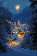 Poster - A snowy village nestled in a valley under a starry sky.