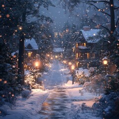 Sticker - A snowy village street with charming houses and lampposts, creating a magical winter wonderland.