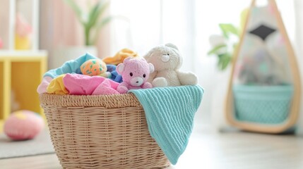Aufkleber - A laundry basket overflowing with vibrant children's clothing and cuddly toys sits in a sunlit room, creating a cheerful atmosphere. Generative AI