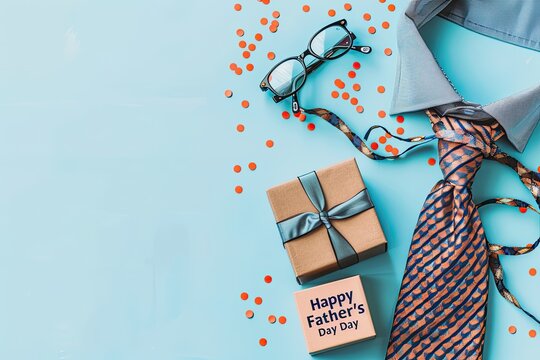 A happy father's day banner with heart shaped balloons, glasses and bow tie on a light blue background vector illustration.