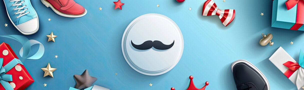 Happy Father's Day background with typography and vector illustration design of mustache, bow tie, shoe, king crown, and gift box for happy dad celebration