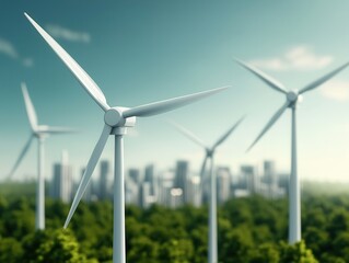 Sticker - Wind Turbines in Green Forest Against City Skyline.