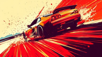 Aufkleber - A red and yellow sports car speeding down a road with red and yellow streaks of paint.