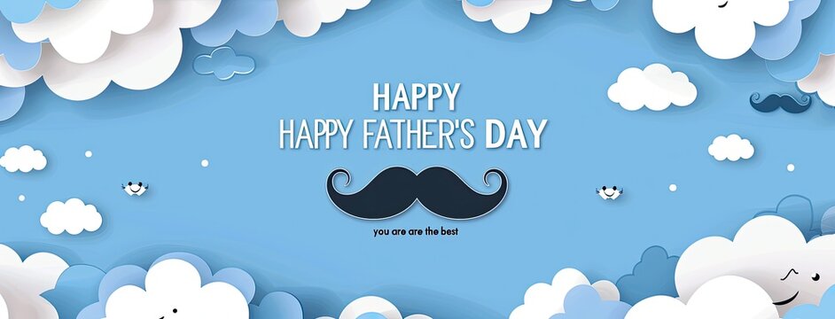 Indoors, paper cut clouds with mustache border frame background vector illustration for a happy father's day card design template text HAPPY FATHER'S DAY