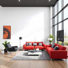 Modern interior of living room with red sofa 3d render