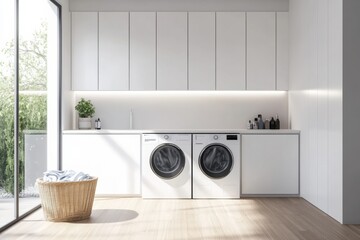 Poster - This well-designed laundry room showcases built-in washing and drying machines, complemented by sleek storage and a basket of laundry. Generative AI