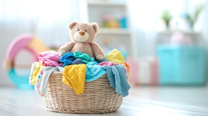 Poster - Brightly lit room features a laundry basket overflowing with vibrant children's clothing and a soft toy, inviting warmth and comfort. Generative AI