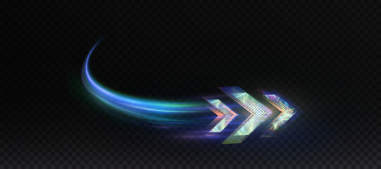 Leinwandbilder - Light effect of high-speed movement of light speed along a curved path. Dynamic movement of high-speed arrow of light energy. Glow effect for game interface design.