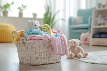 Aufkleber - Brightly colored children's clothes and soft toys are piled in a laundry basket in a cheerful, sunlit room. Generative AI
