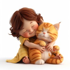 Wall Mural - Cartoon 3D child hugging a purring cat Isolated white background