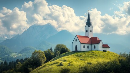 An old church perched atop a hill, framed by a dramatic sky filled with clouds.