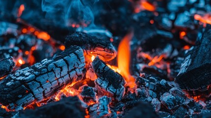 Sticker - Glowing embers and burning logs with smoke in a close-up view