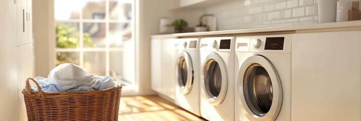 Poster - This modern laundry room showcases built-in washing and drying machines along with a nearby basket filled with clothes. Generative AI