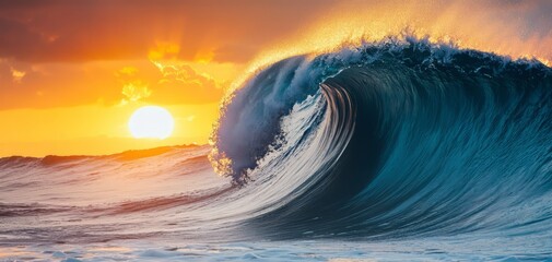 A stunning wave captures the shimmering light of the sunset, creating a peaceful and vibrant ocean scene for nature lovers.