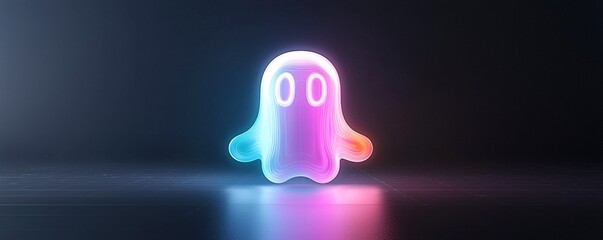 A minimalist, 3D-rendered ghost icon with holographic colors floats against a black backdrop. The playful design has plenty of copy space for customization.