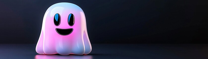 Poster - A glowing, holographic ghost emoji in 3D floats on a black background, its smooth, colorful surface adding vibrancy to the minimal scene. Ample copy space surrounds the icon.