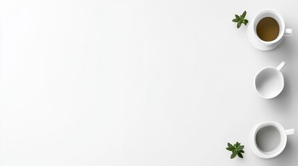 Three cups arranged with mint leaves on a white background