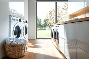 Poster - This modern laundry room showcases built-in washing and drying machines, white cabinets, and a basket of freshly cleaned laundry nearby. Generative AI