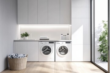 Leinwandbilder - This modern laundry space showcases built-in washing and drying machines with stylish white cabinets and a basket of fresh laundry. Generative AI