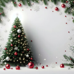 Festive Christmas Background with Tree, Red Baubles, and Twinkling Lights