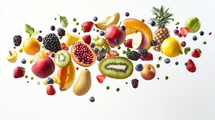 Wall Mural - Tropical Paradise: Fresh Exotic Fruits Floating in Mid-Air on White Background