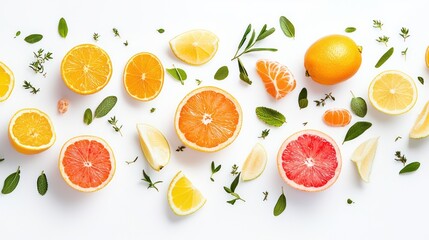 Wall Mural - citrus slice and herb infused drink - vibrant refreshing concept on white background