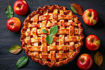 Freshly baked american apple pie surrounded by apples on dark background