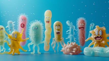 Poster - A group of colorful, cartoonish bacteria are lined up on a blue background