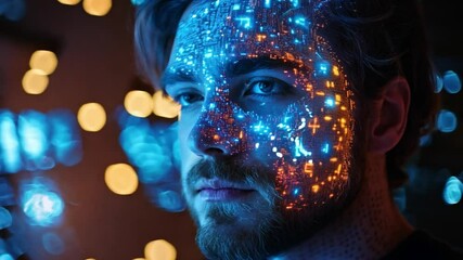 Poster - Radiant blue and orange digital graphics cover a young man's face, highlighting his introspective expression in a futuristic setting.