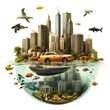 © Mad Craft - A car is driving on the sea, surrounded by buildings and skyscrapers in the city center with fish swimming around it isolated on a transparent background