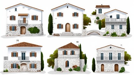 Collection of traditional mediterranean stone houses with greenery and balconies