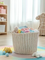 Aufkleber - Colorful children's clothing and plush toys fill a charming laundry basket in a well-lit, cozy room, creating a warm atmosphere. Generative AI