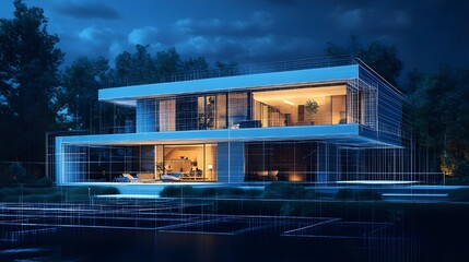 Smart design features showcased in futuristic blue exterior home